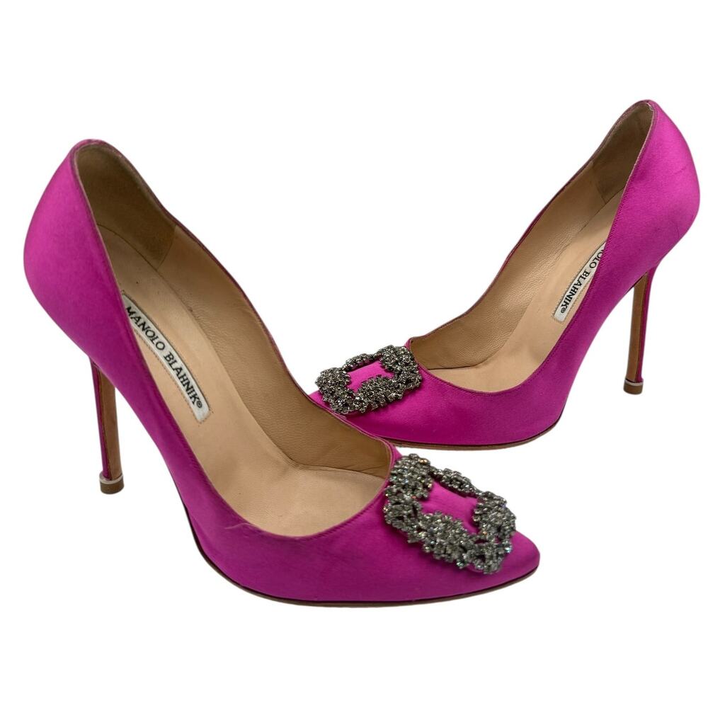 Manolo Blahnik Fuchsia Satin Pointed Toe Pumps with Crystal Buckle